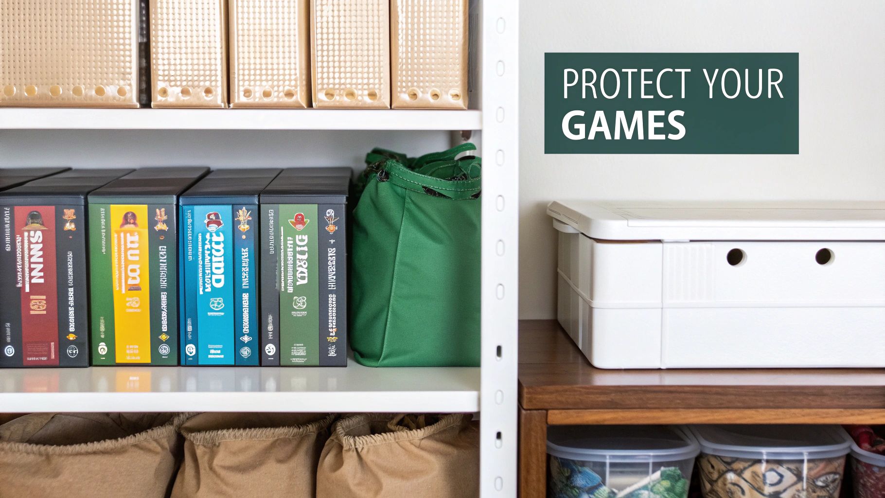 A neatly organized shelf full of board games stacked both vertically and horizontally.