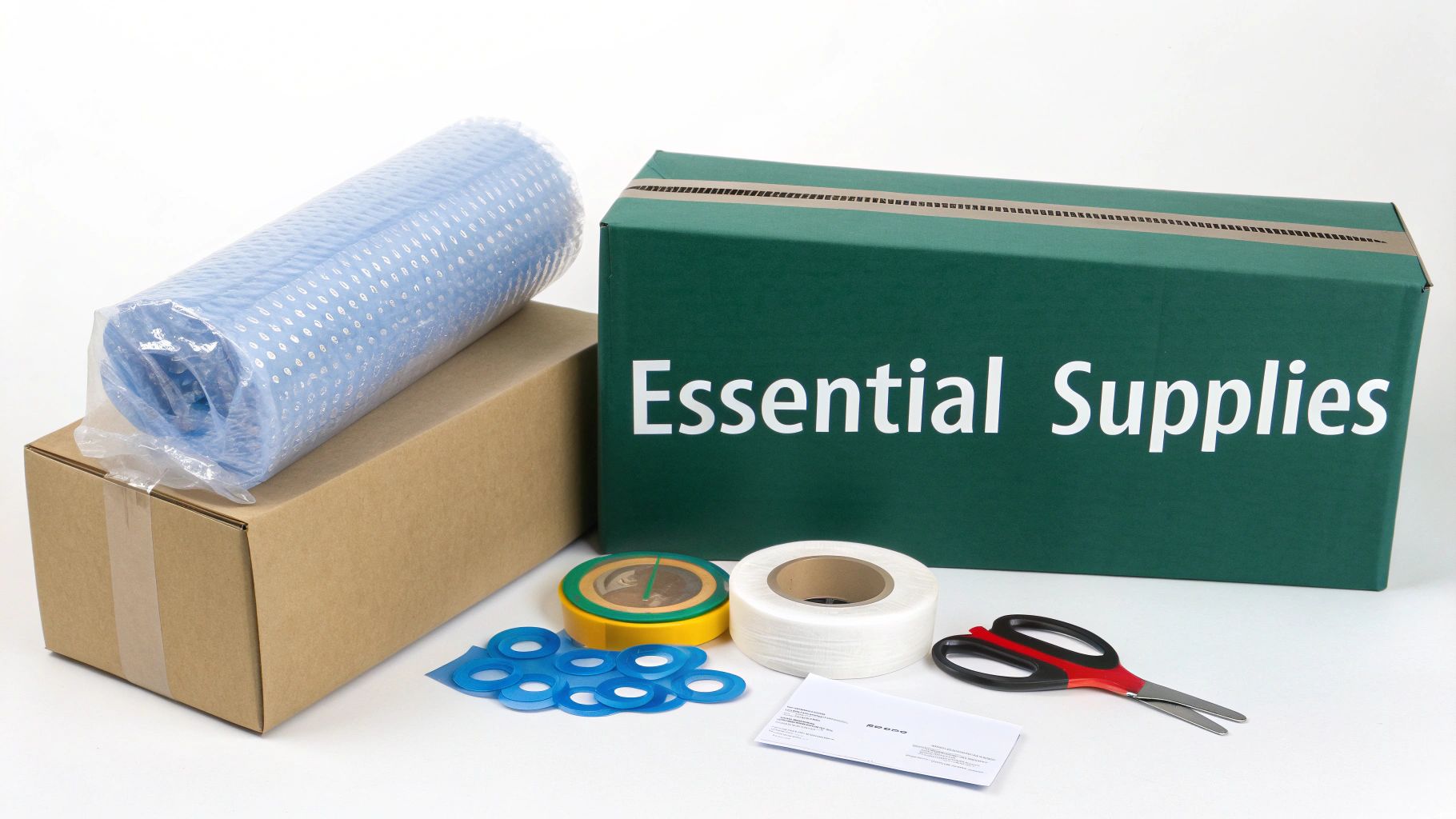 A person gathering packing supplies like boxes, bubble wrap, and tape, with electronics like a TV and laptop in a background.
