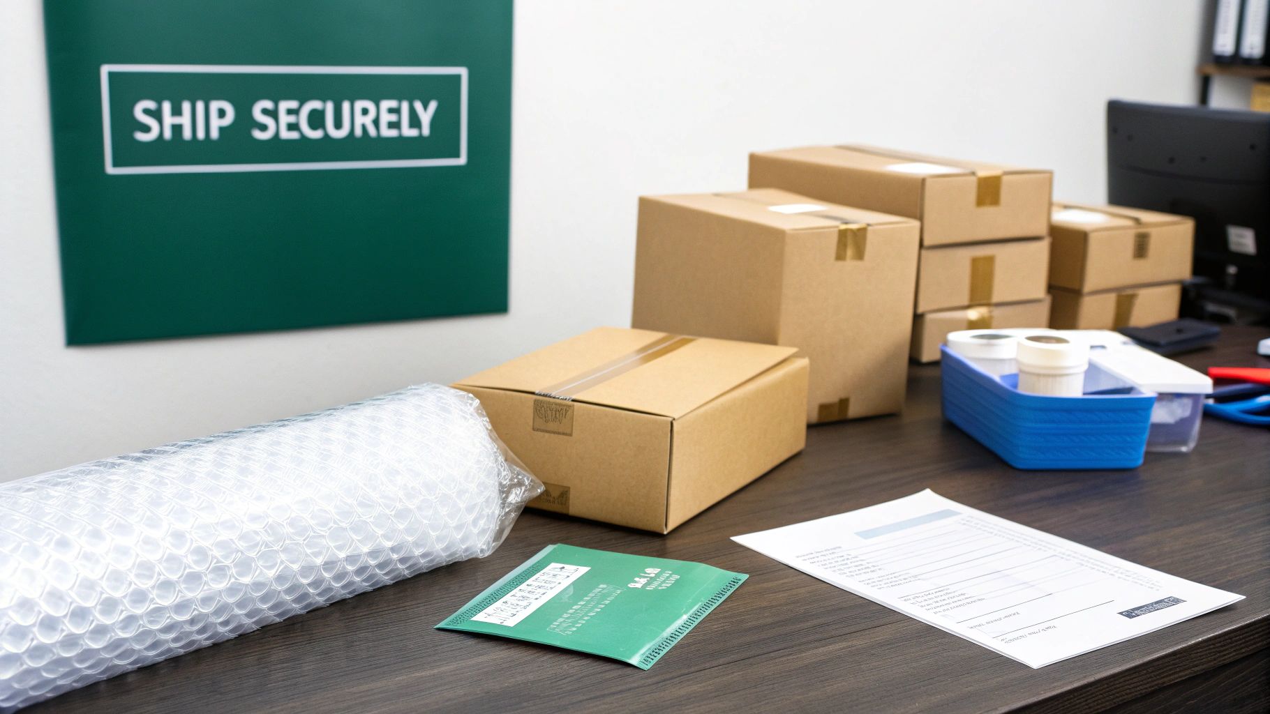 A neatly organized home office corner with shelves holding inventory and shipping supplies.