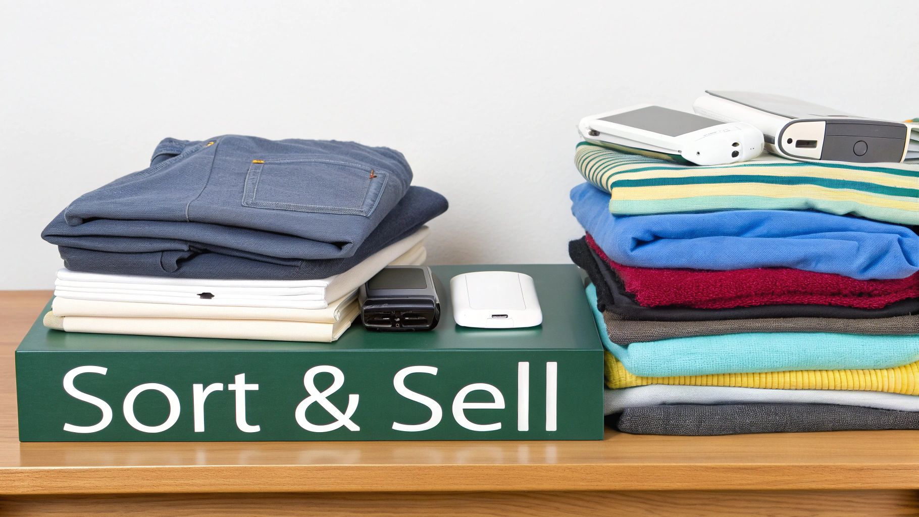 A person taking photos of items on a clean white background to sell online.