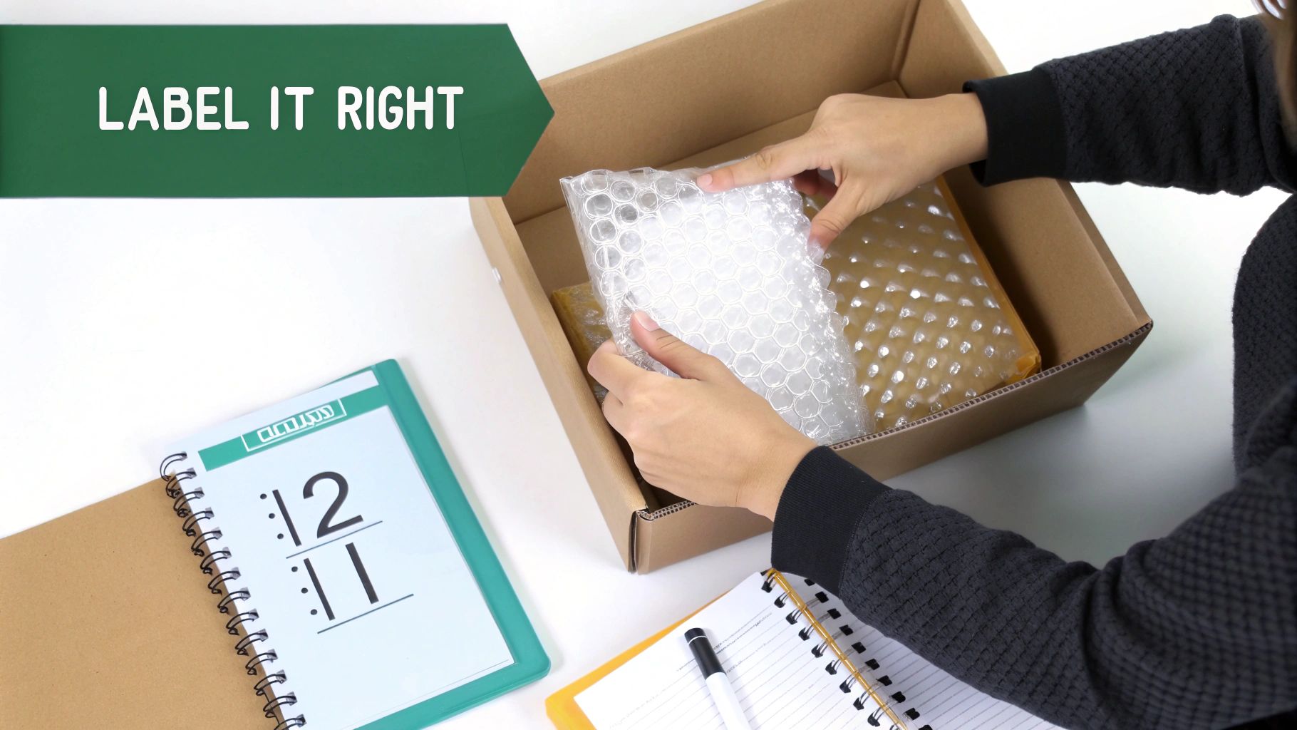 Person labeling a storage box with a marker