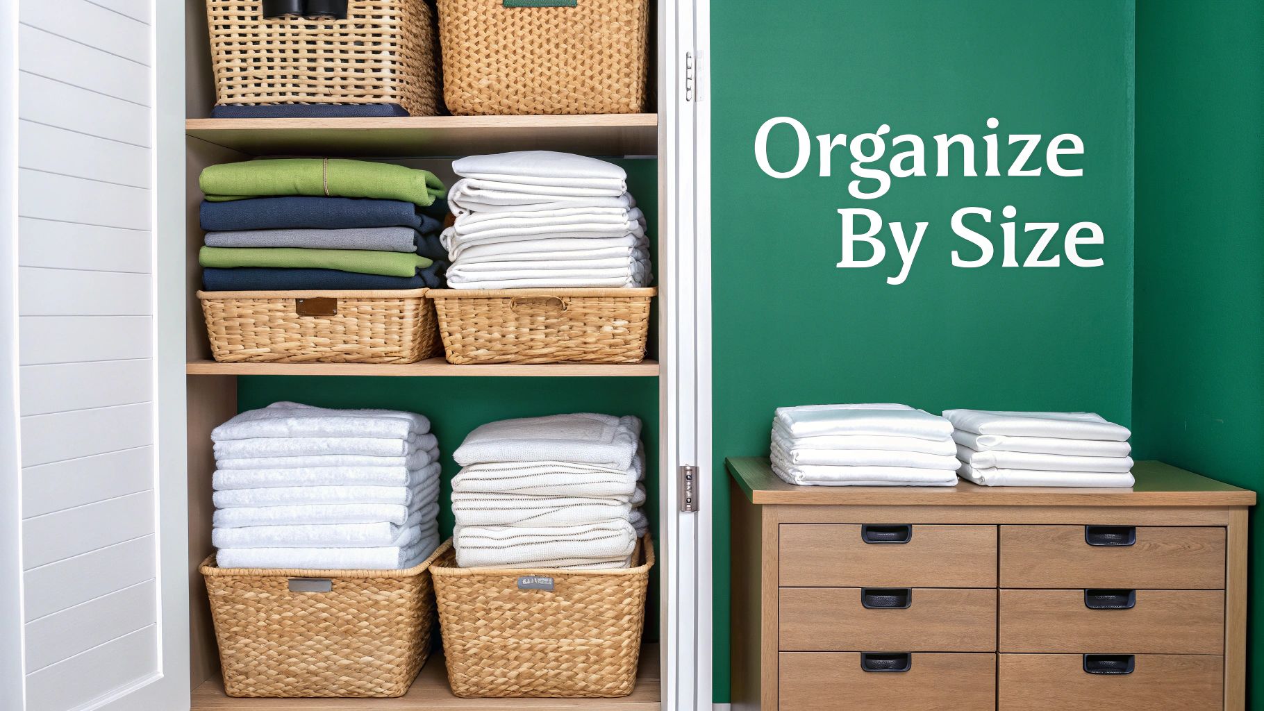 A well-organized linen closet with neatly stacked sheets.