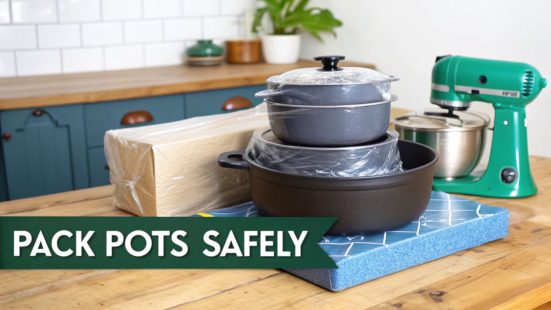 A person wrapping a small kitchen appliance in bubble wrap.
