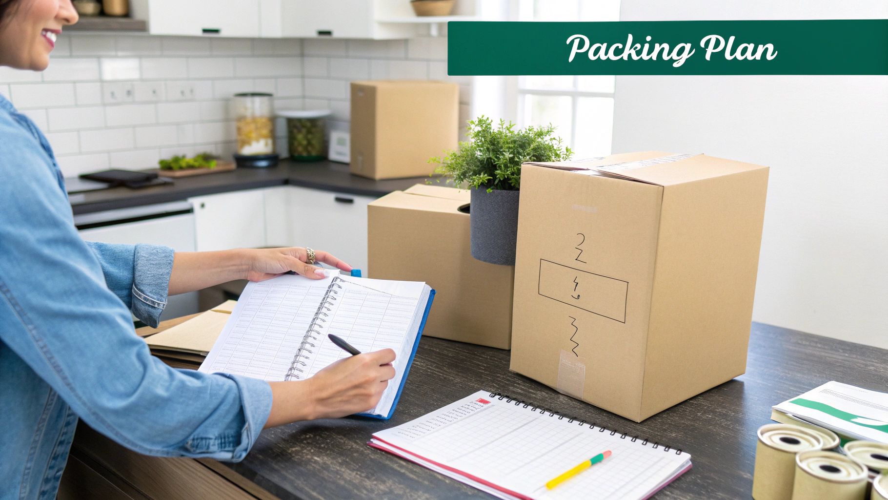 A person wrapping a white plate with brown packing paper over a table with moving supplies.