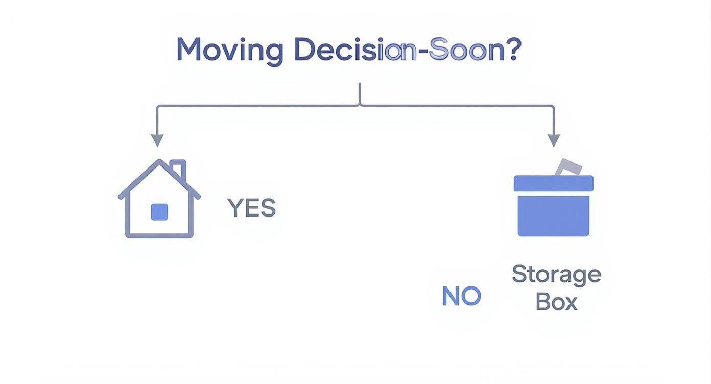 Infographic decision tree asking if an item is needed soon, leading to a new home icon for 'yes' and a storage box icon for 'no'.