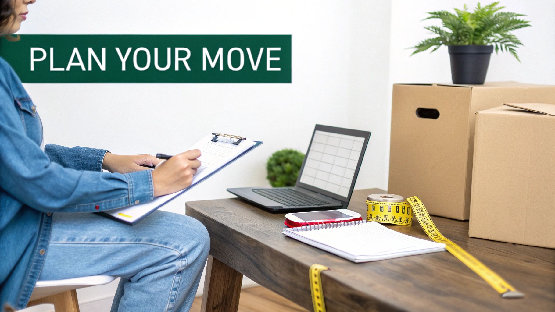 A person taping up a cardboard moving box in a well-lit room.