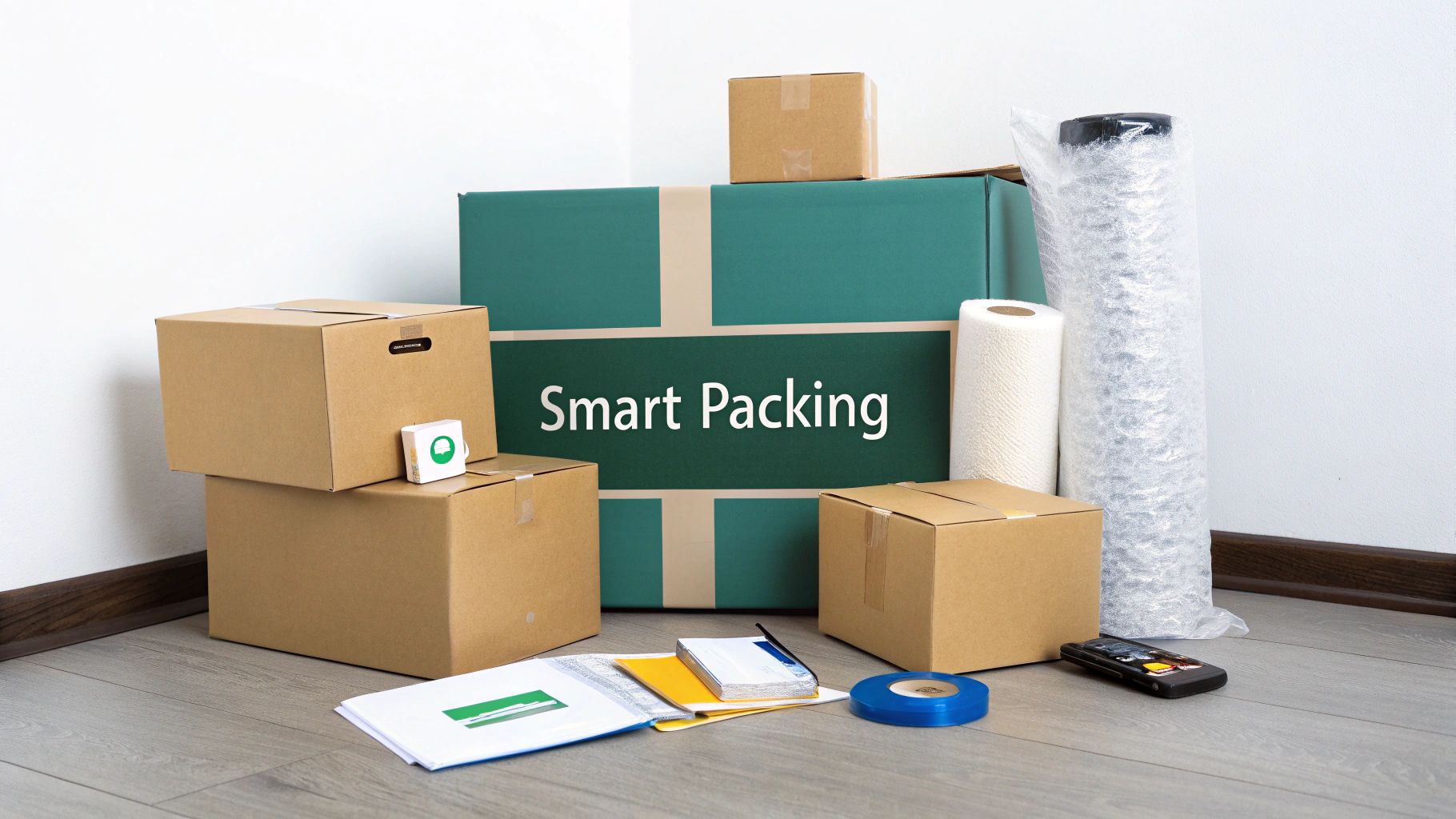 A person carefully placing a fragile item into a moving box filled with packing paper.