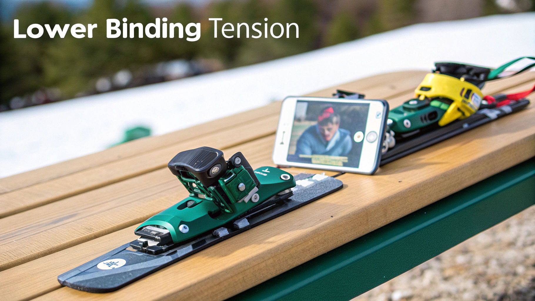 A close-up view of a ski binding with DIN settings visible.