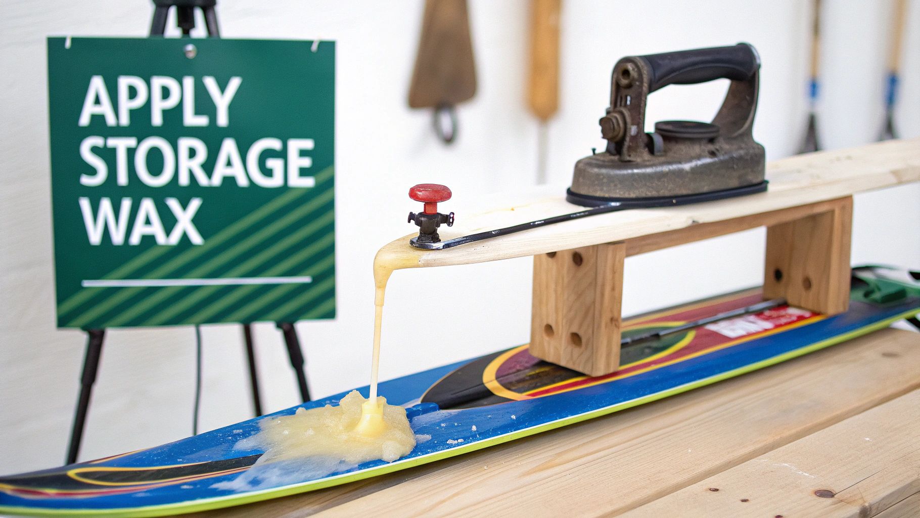 Skier applying wax to a ski base with an iron
