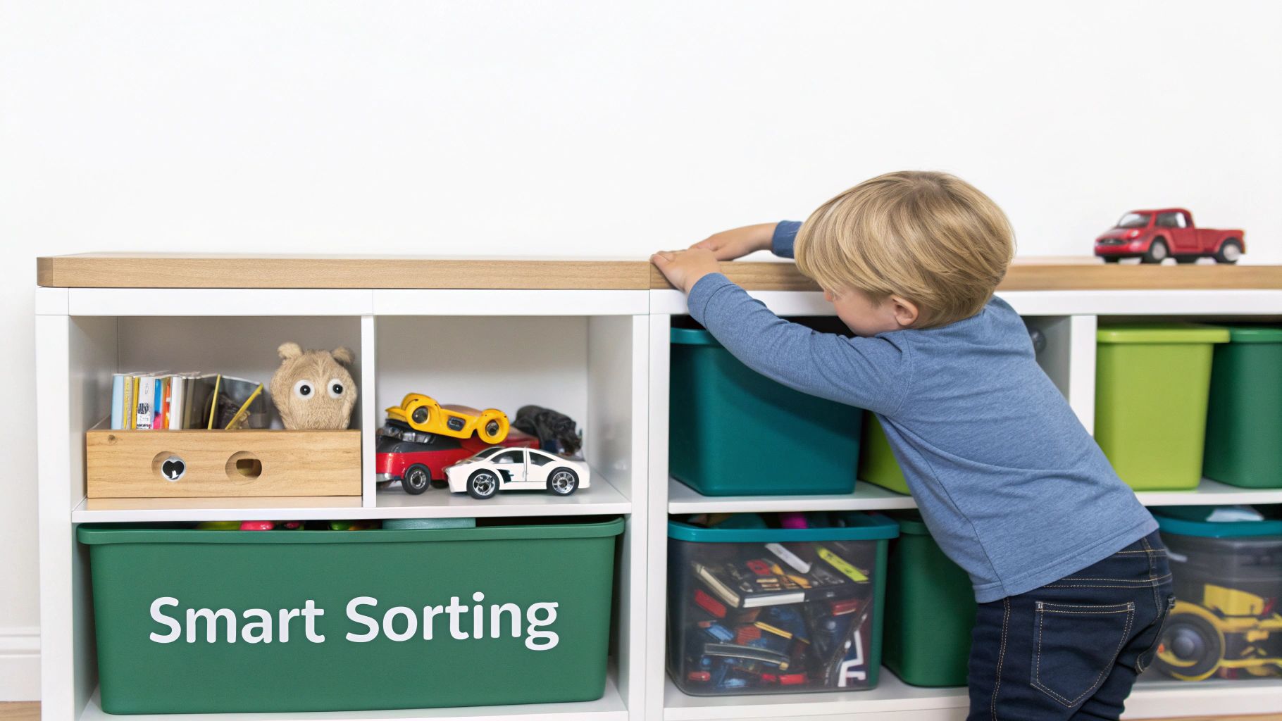 Person organizing toys in clear plastic bins