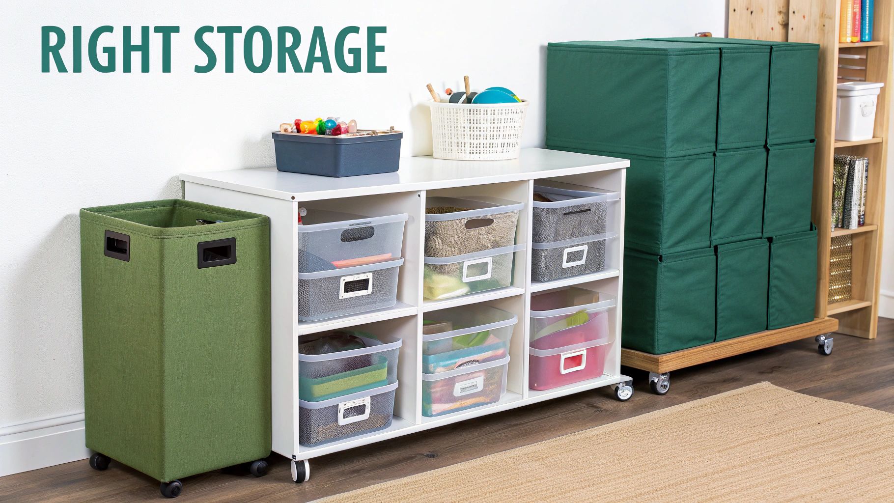 Person organizing clear bins of toys on a white cube shelf