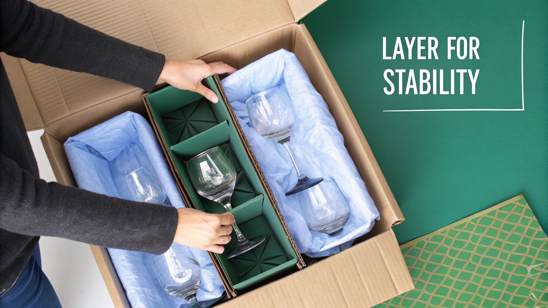 A person carefully placing a wrapped glass into a cardboard box lined with packing paper.