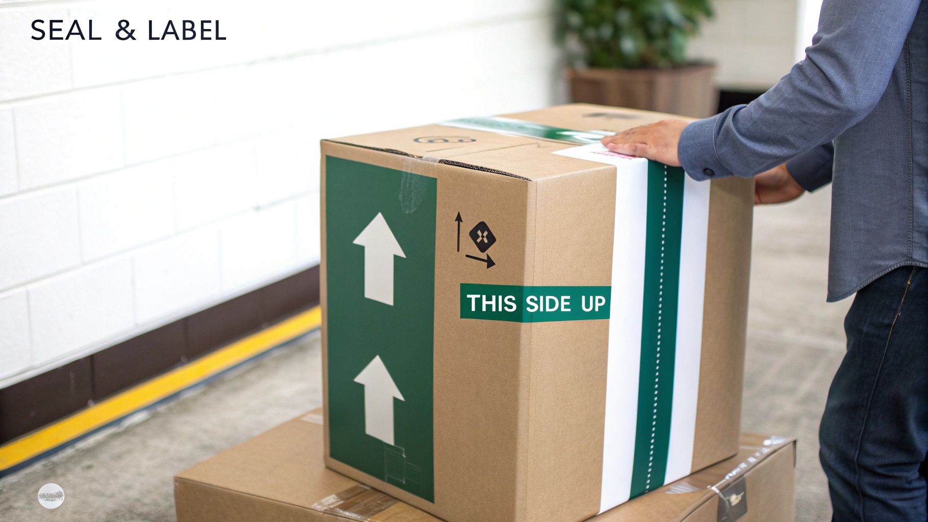 A person using a tape gun to seal a cardboard moving box with the 'H-tape' method.