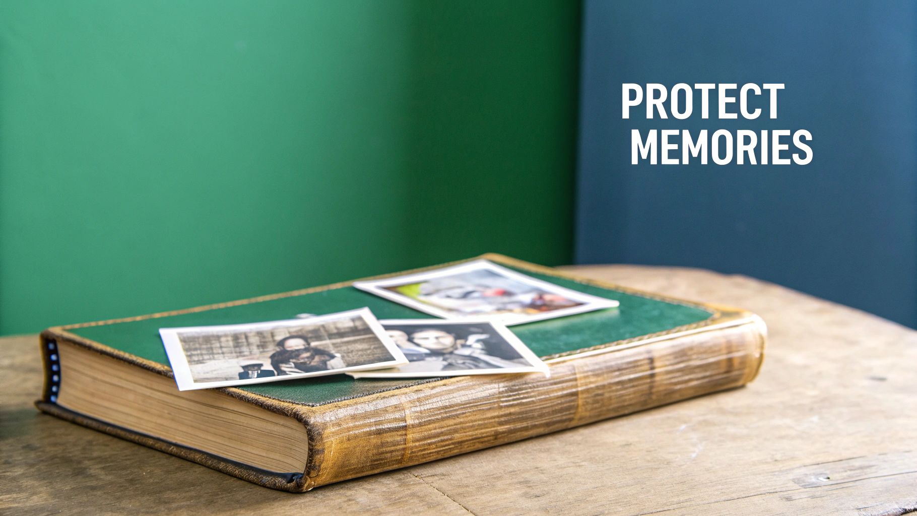 A collection of cherished photo albums stacked on a wooden table, representing family history.