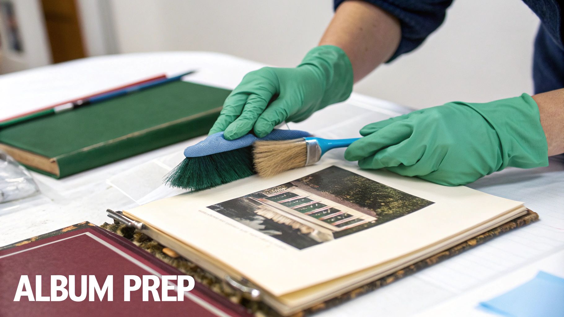 An open vintage photo album on a desk with someone carefully inspecting its pages.
