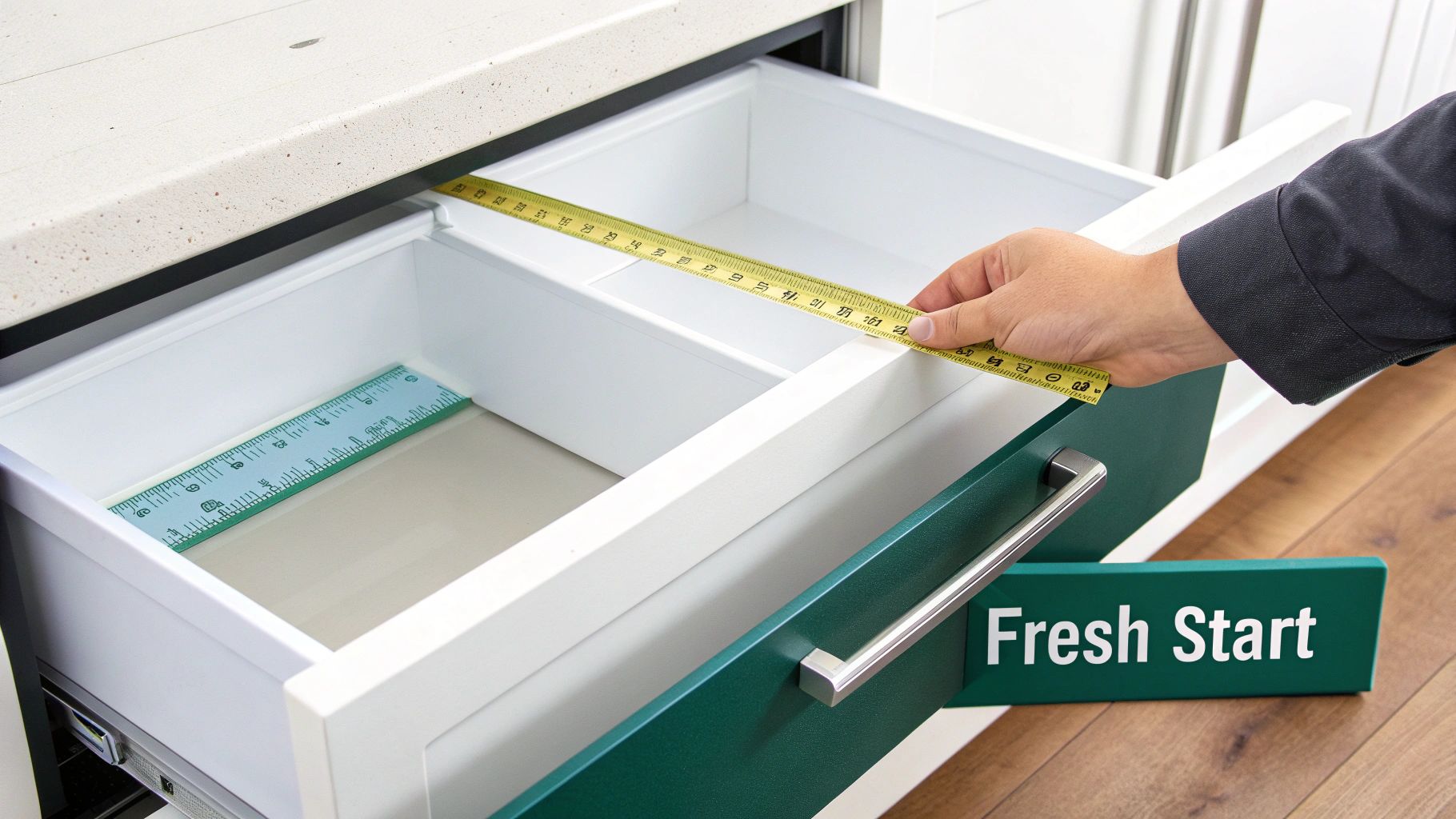 A well-organized kitchen drawer with wooden dividers separating utensils like spoons, forks, and knives.