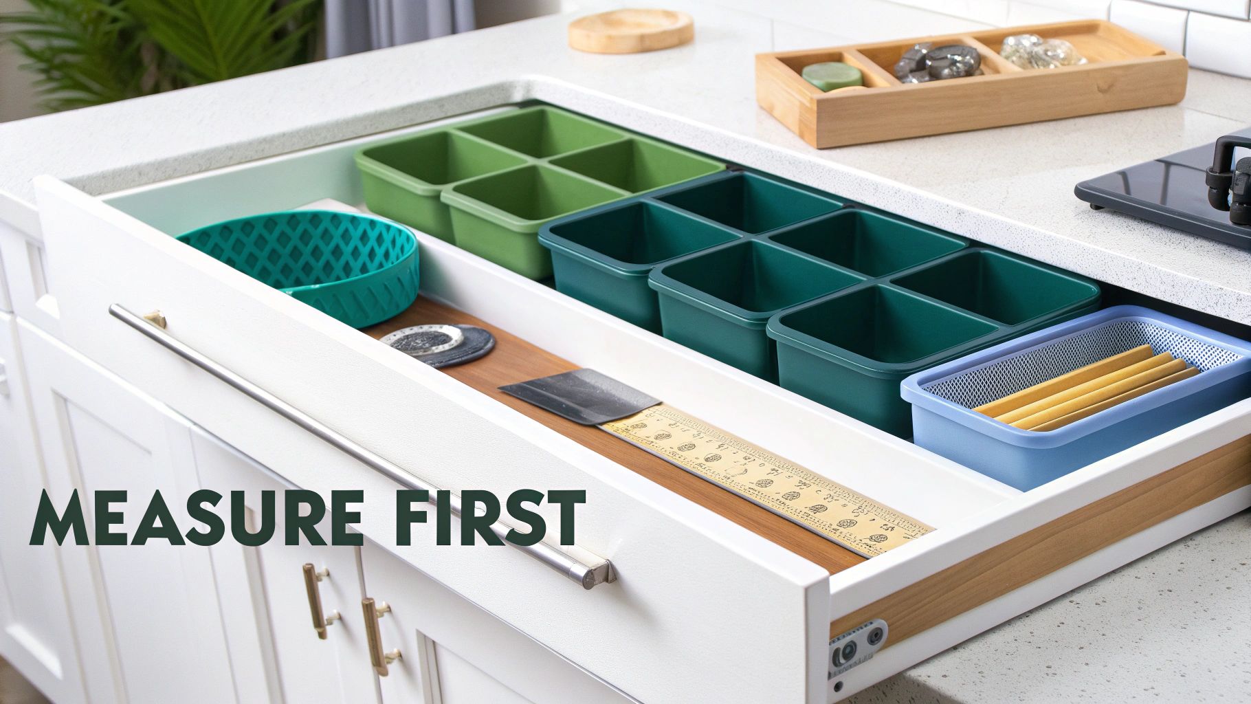 A neatly organized kitchen drawer filled with various utensils, using wooden dividers to create separate compartments.