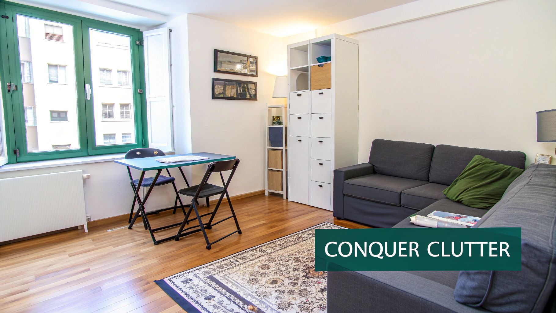 A well-organized small living space with smart storage solutions like shelves and multi-functional furniture.