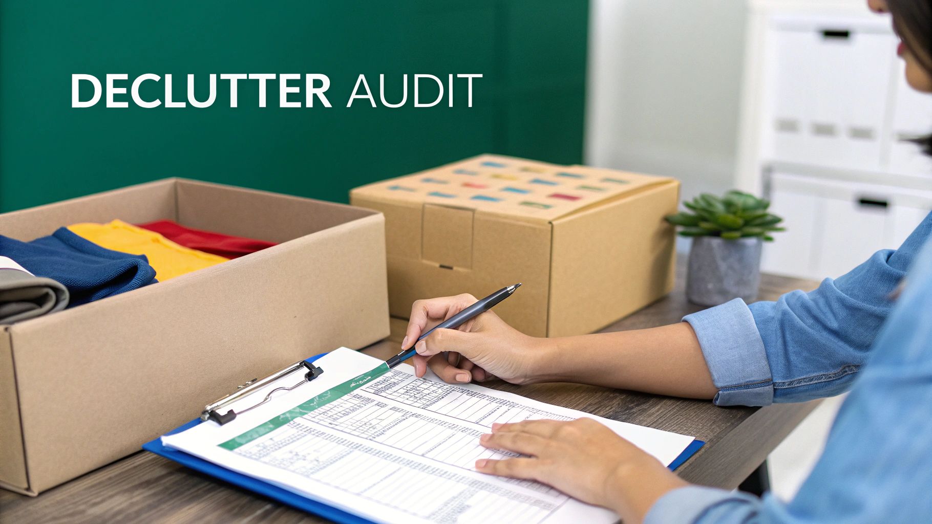 A person thoughtfully sorting through items in a box, deciding what to keep as part of a decluttering audit.