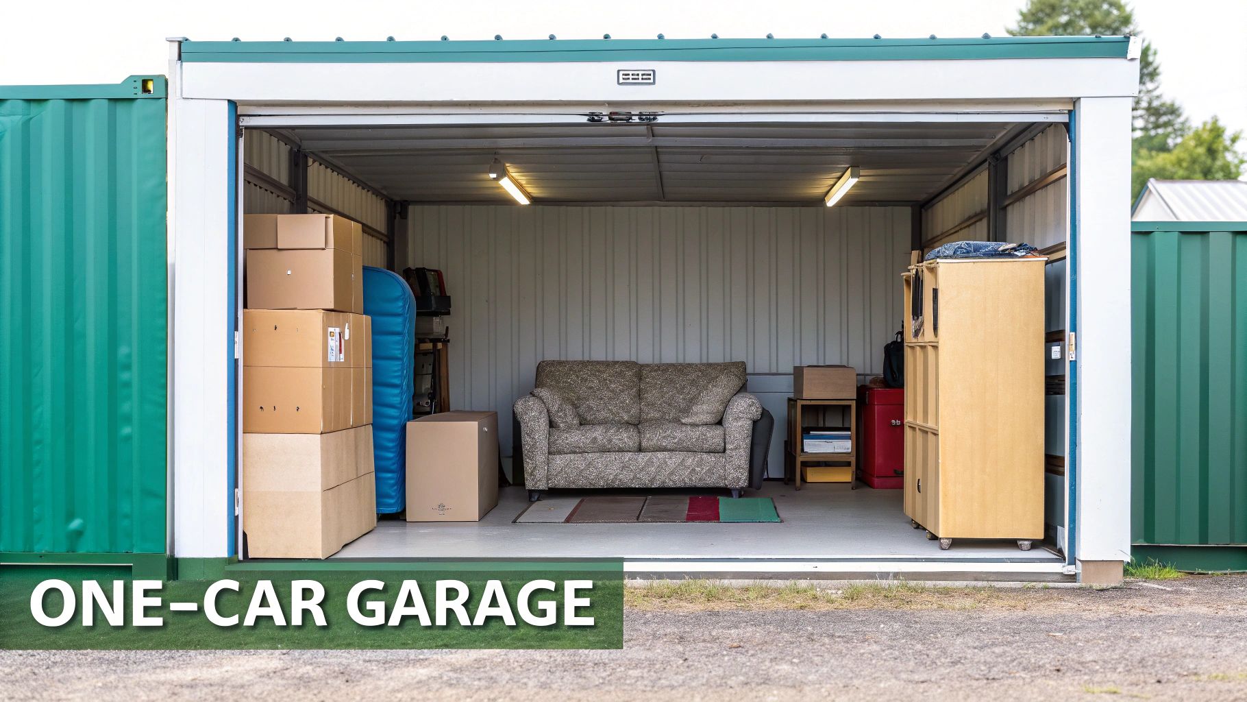 A well-organized medium storage unit with furniture and boxes neatly stacked.