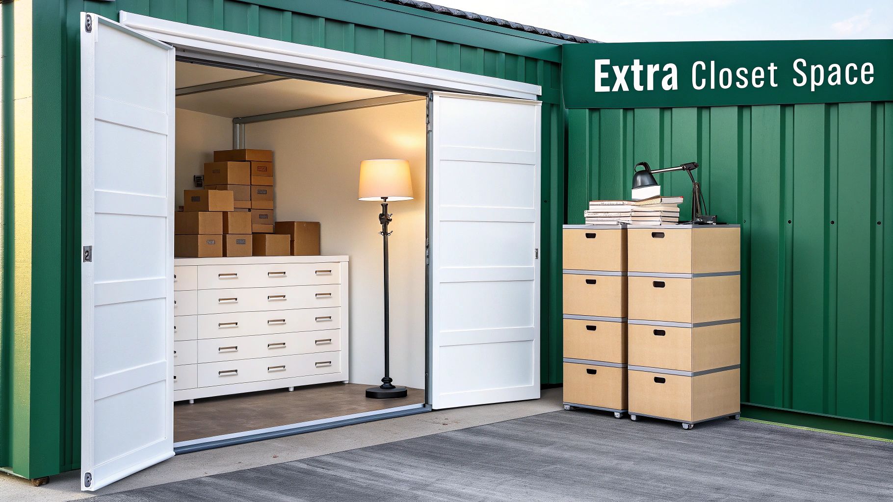 A small, neatly packed storage unit filled with boxes and small furniture items.