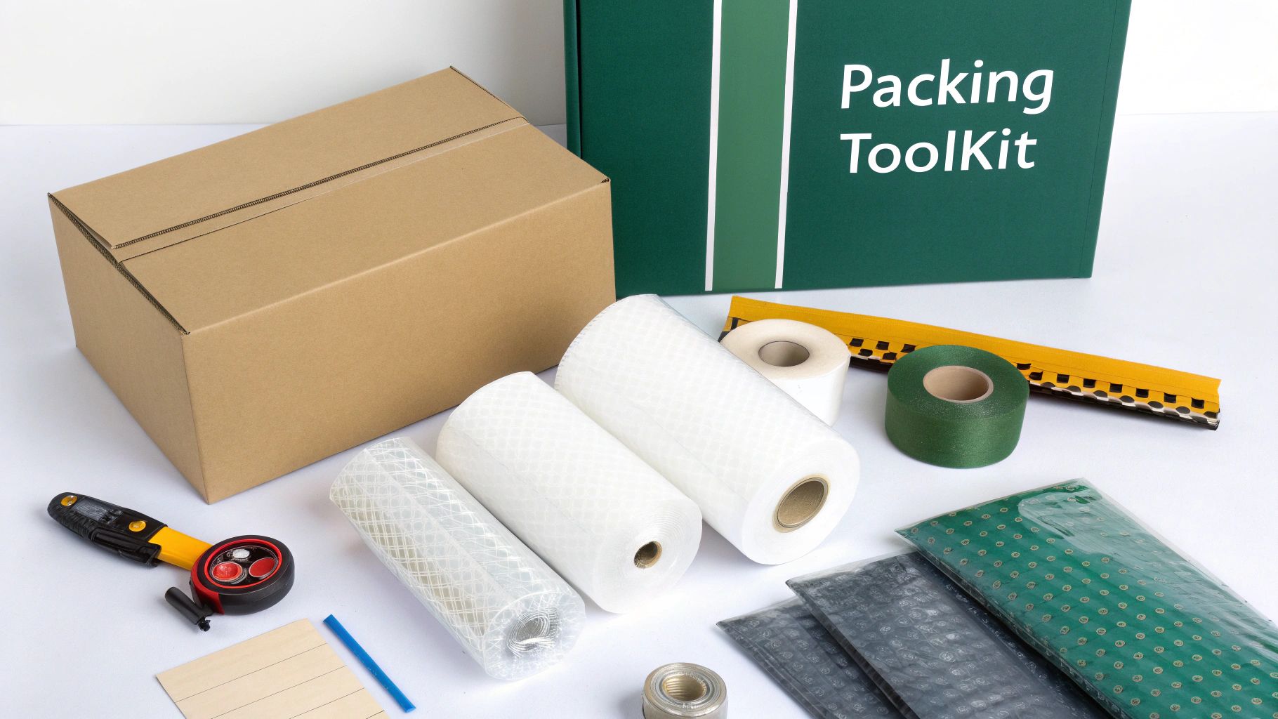 A collection of packing supplies including bubble wrap, boxes, and tape laid out on a floor.