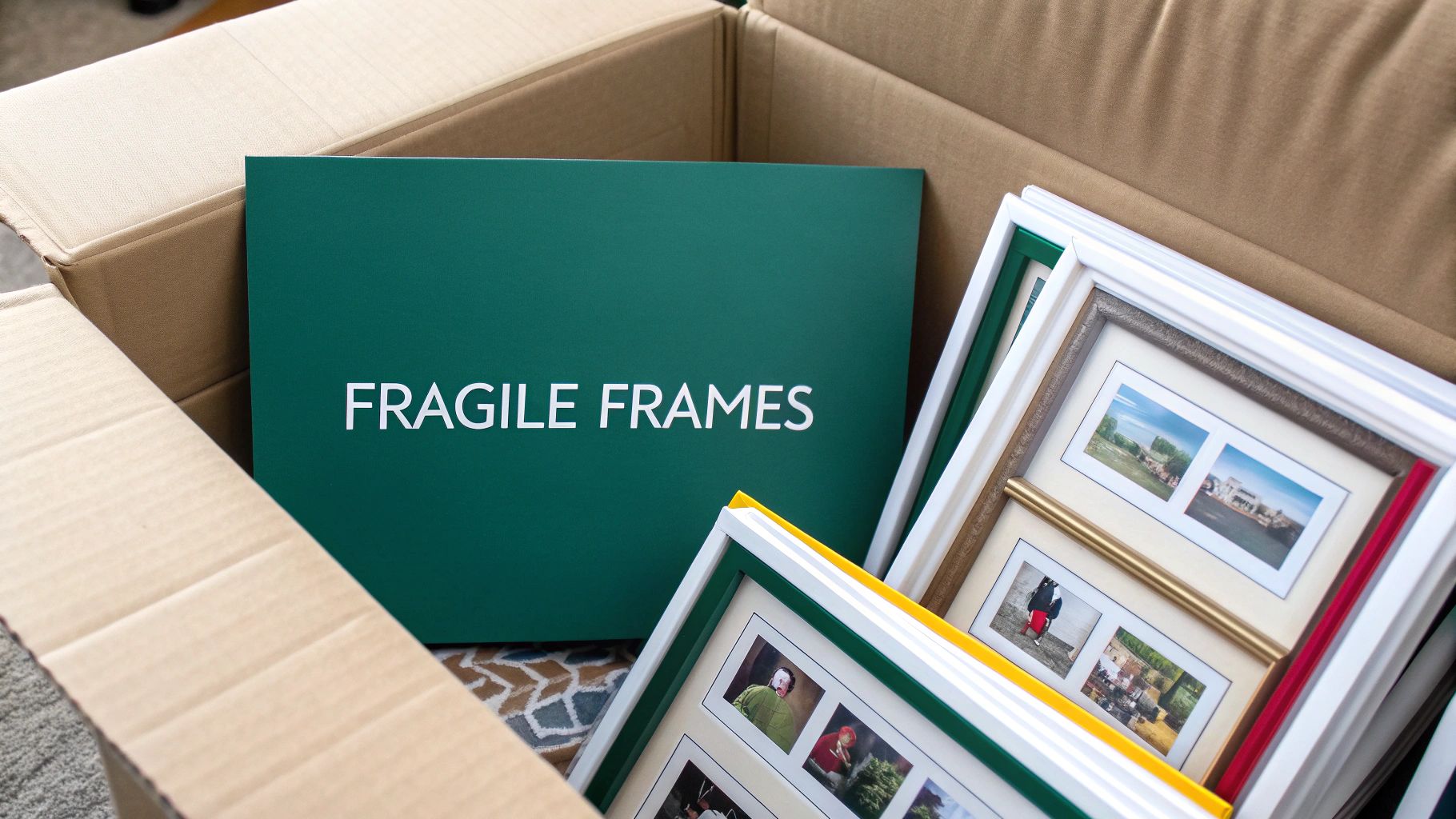 Several carefully labeled moving boxes stacked neatly in a room.