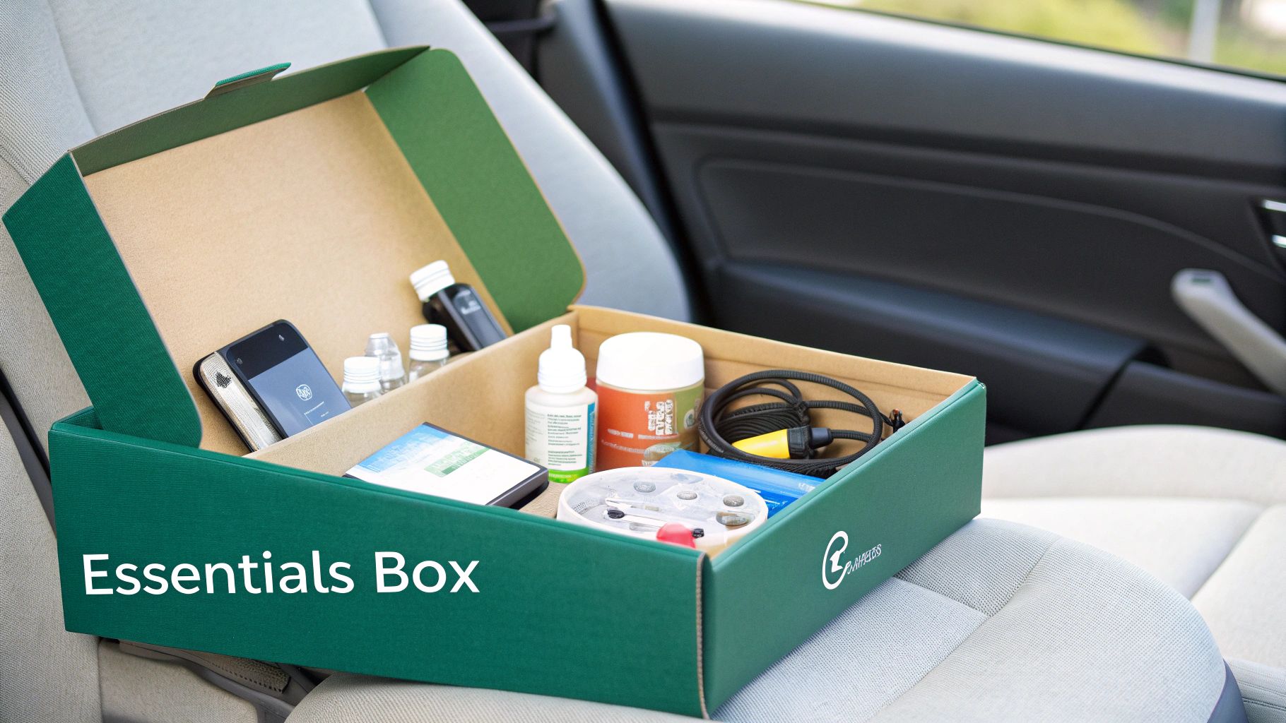 A clearly labeled "Open First" box sits on a counter, containing essentials like toilet paper, snacks, chargers, and a first-aid kit.
