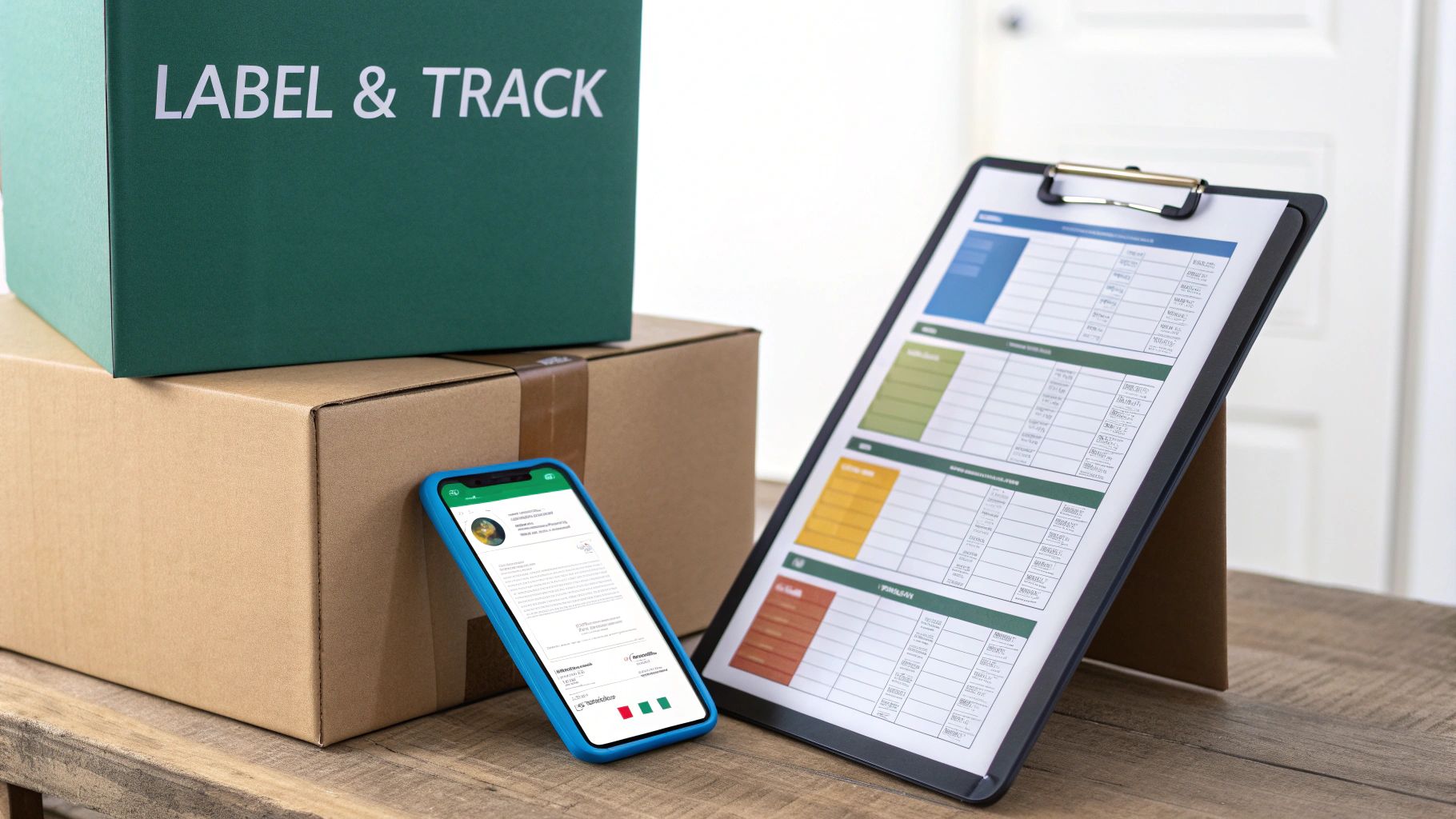 A person using a tablet to log items in a neatly packed and labeled moving box, demonstrating a digital moving inventory system.