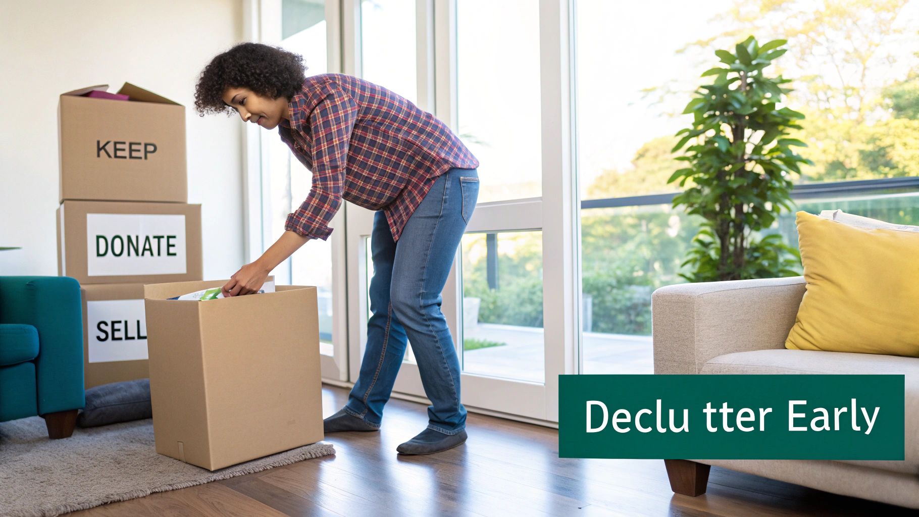 A person sorting items into different boxes labeled "Keep", "Donate", and "Sell" as part of their early moving preparation.