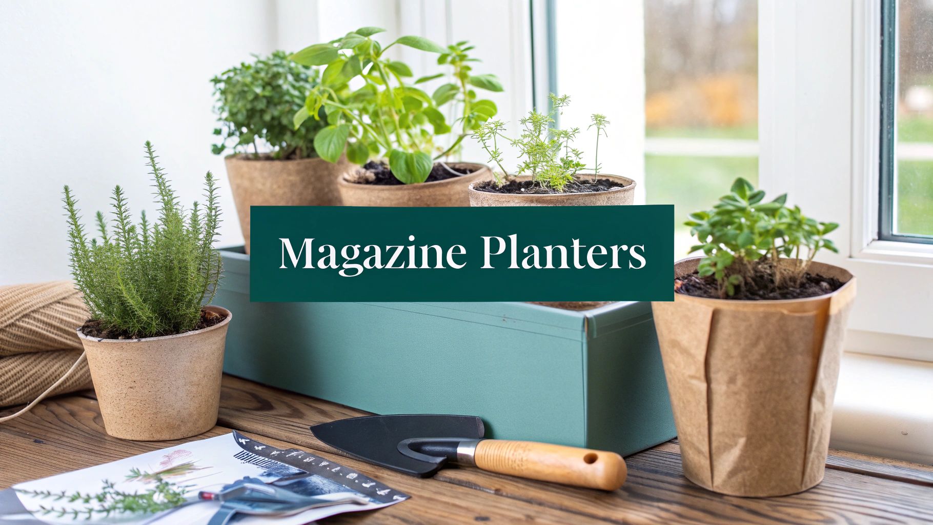 Indoor herb garden with rosemary and basil planted in biodegradable pots near sunny window