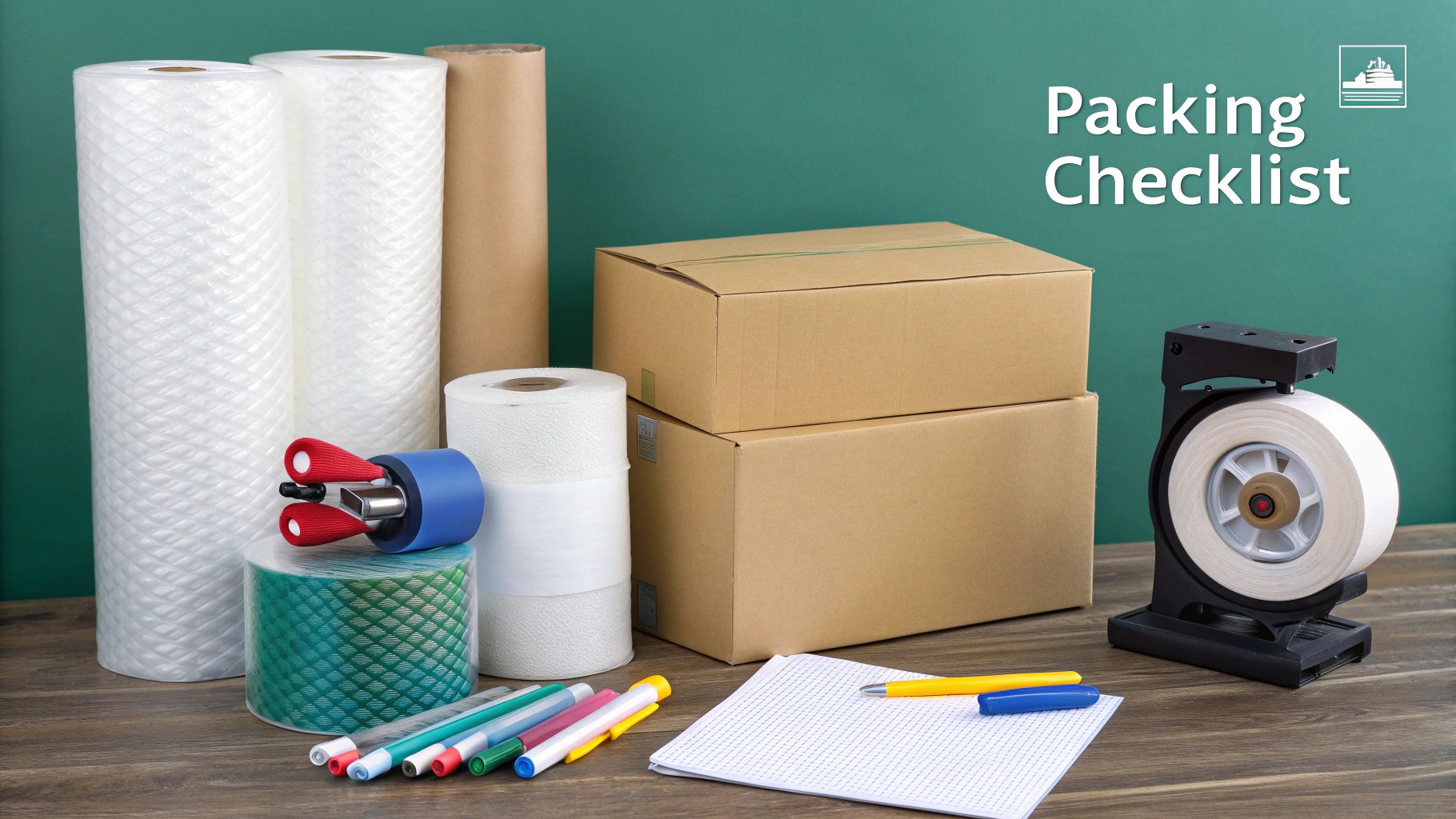 Packing supplies including bubble wrap, cardboard boxes, tape dispenser, and markers on wooden surface