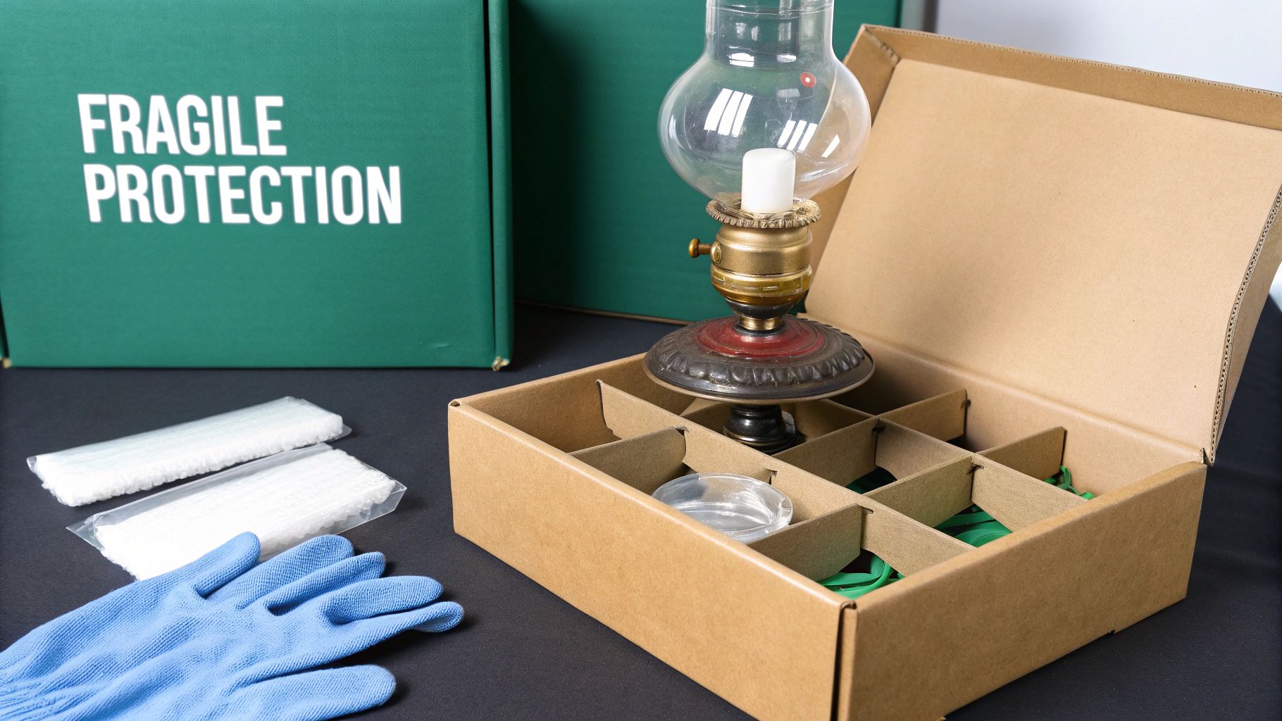 Antique oil lamp safely packed in cardboard box with dividers and protective packing materials