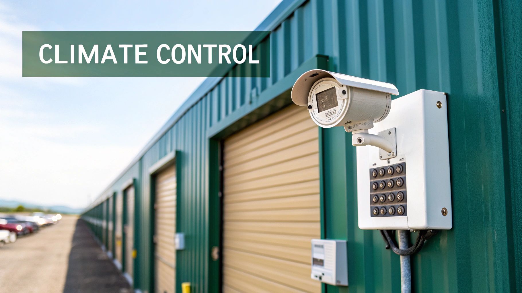 Climate controlled storage facility with security camera and keypad access system mounted on teal building