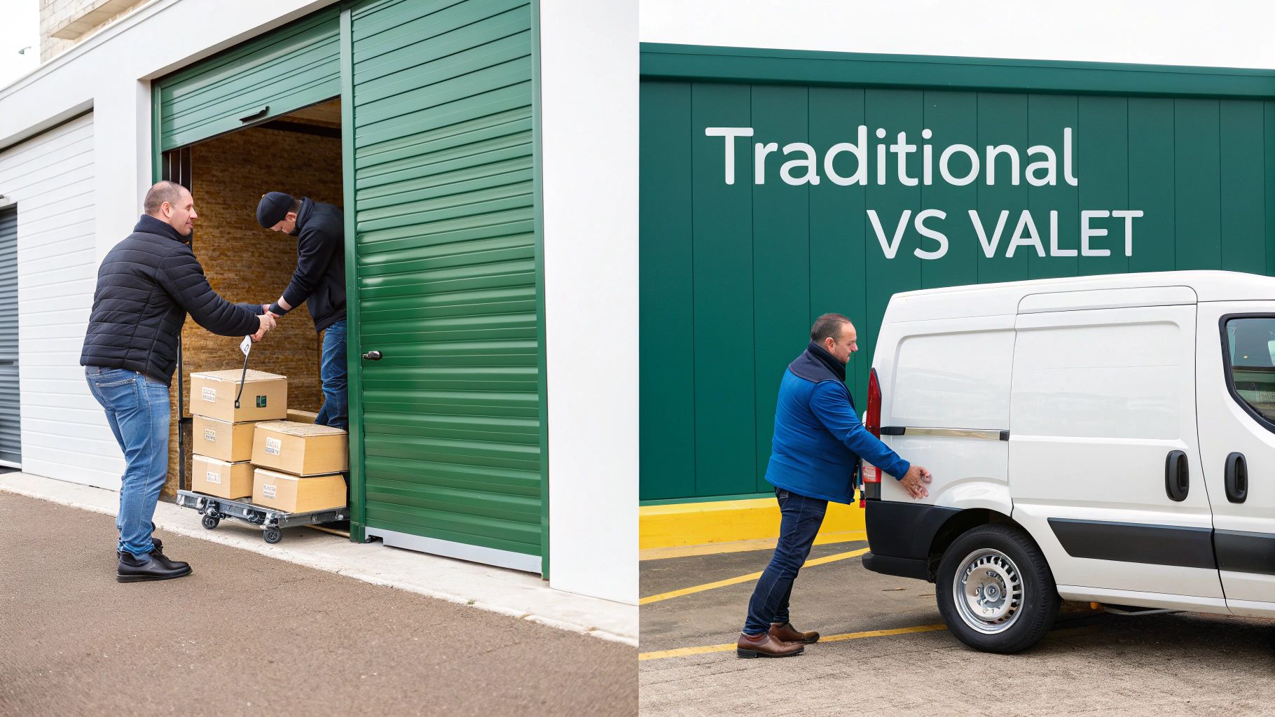 Comparison between traditional self-storage unit with movers and valet storage service with delivery van