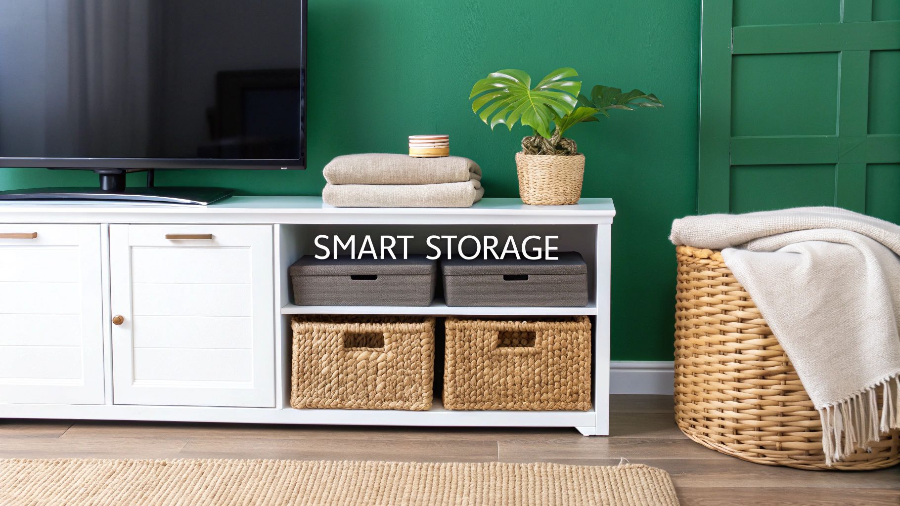 White storage unit with woven baskets and folded linens against green wall for organized living room
