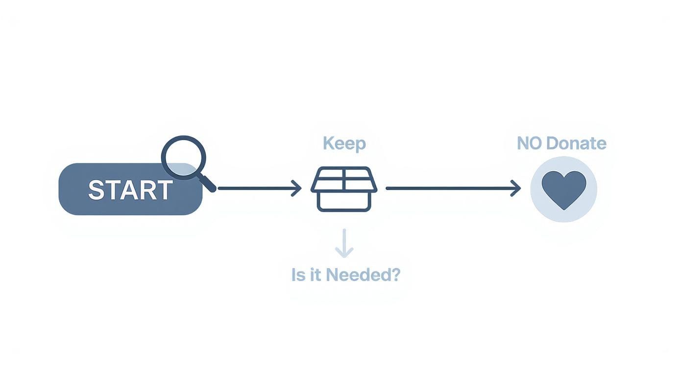 Flowchart showing decluttering decision process from start through keep or donate with needed assessment