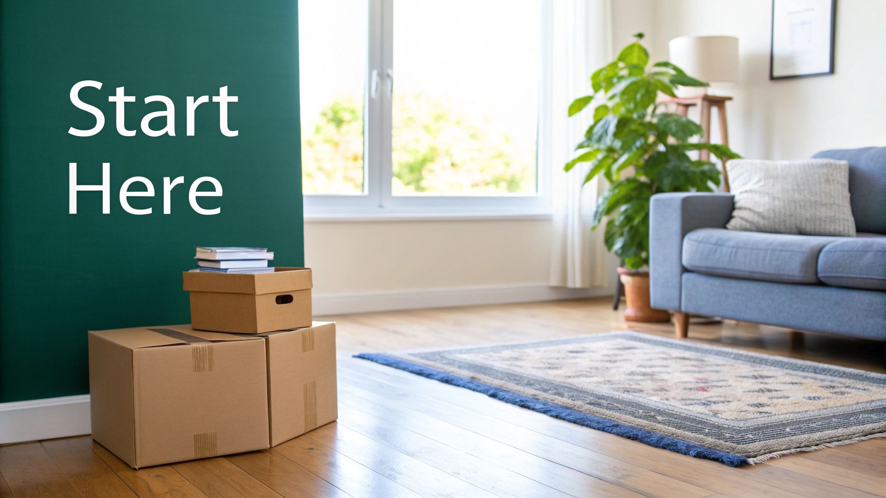 Moving boxes stacked in bright living room with blue couch and text start here on green wall