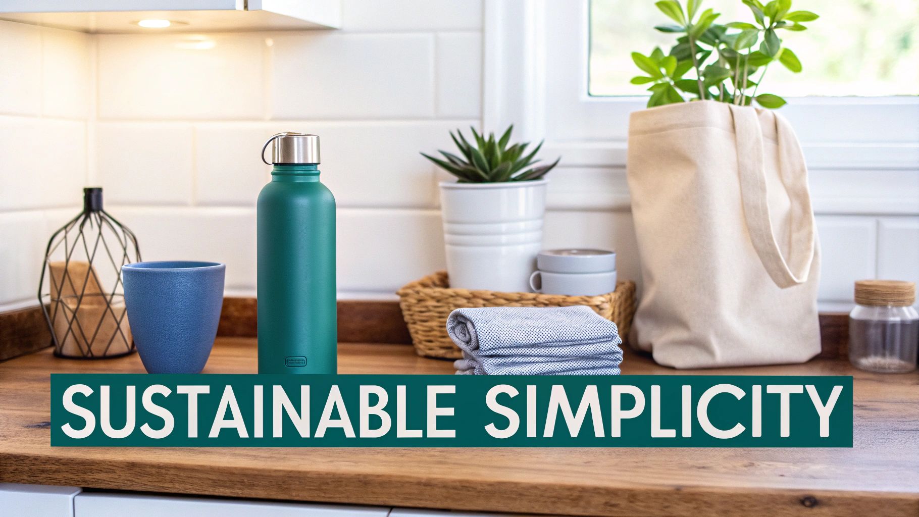 Minimalist kitchen counter with reusable water bottle, plants, and eco-friendly sustainable living items
