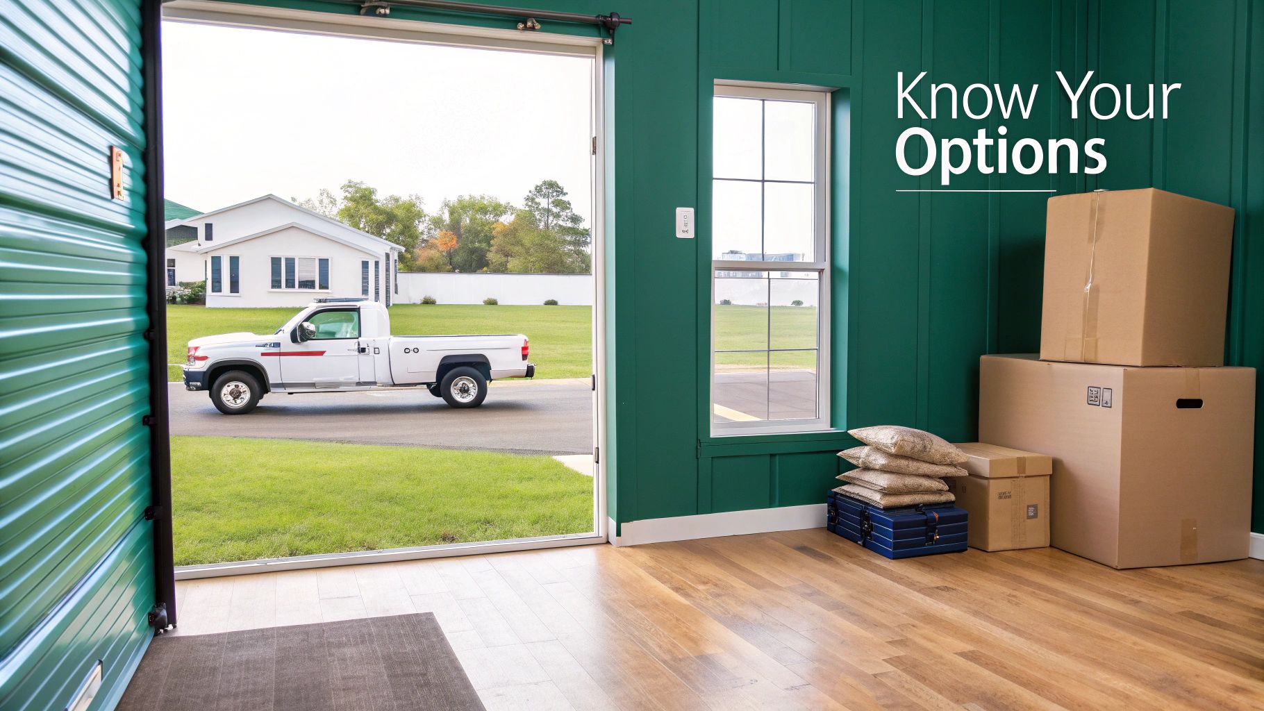 View from inside a garage with moving boxes, pillows, and a blue trunk, looking out to a white pickup truck and house.