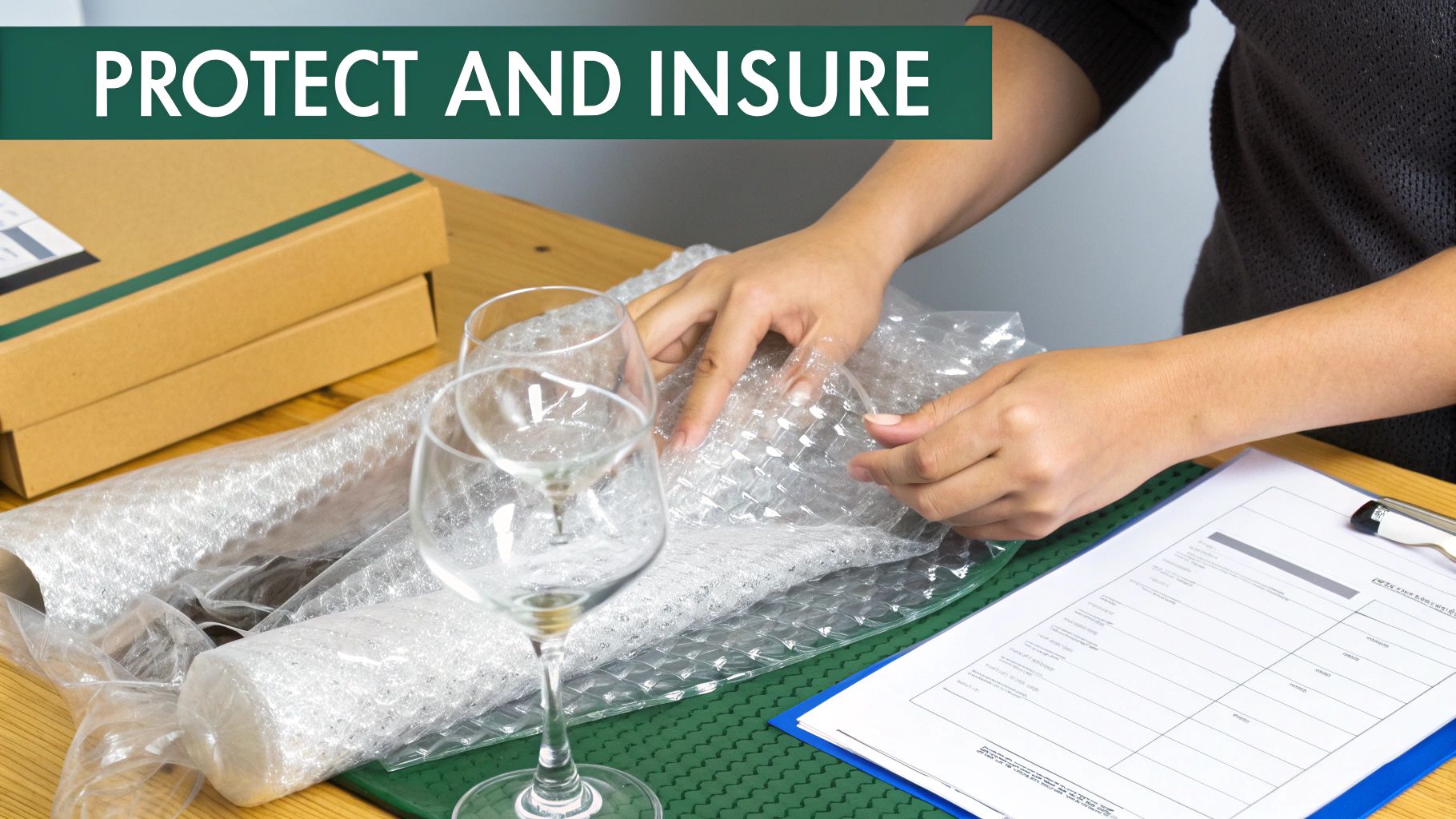 Hands carefully wrapping fragile wine glasses in bubble wrap, preparing for safe moving or shipping.