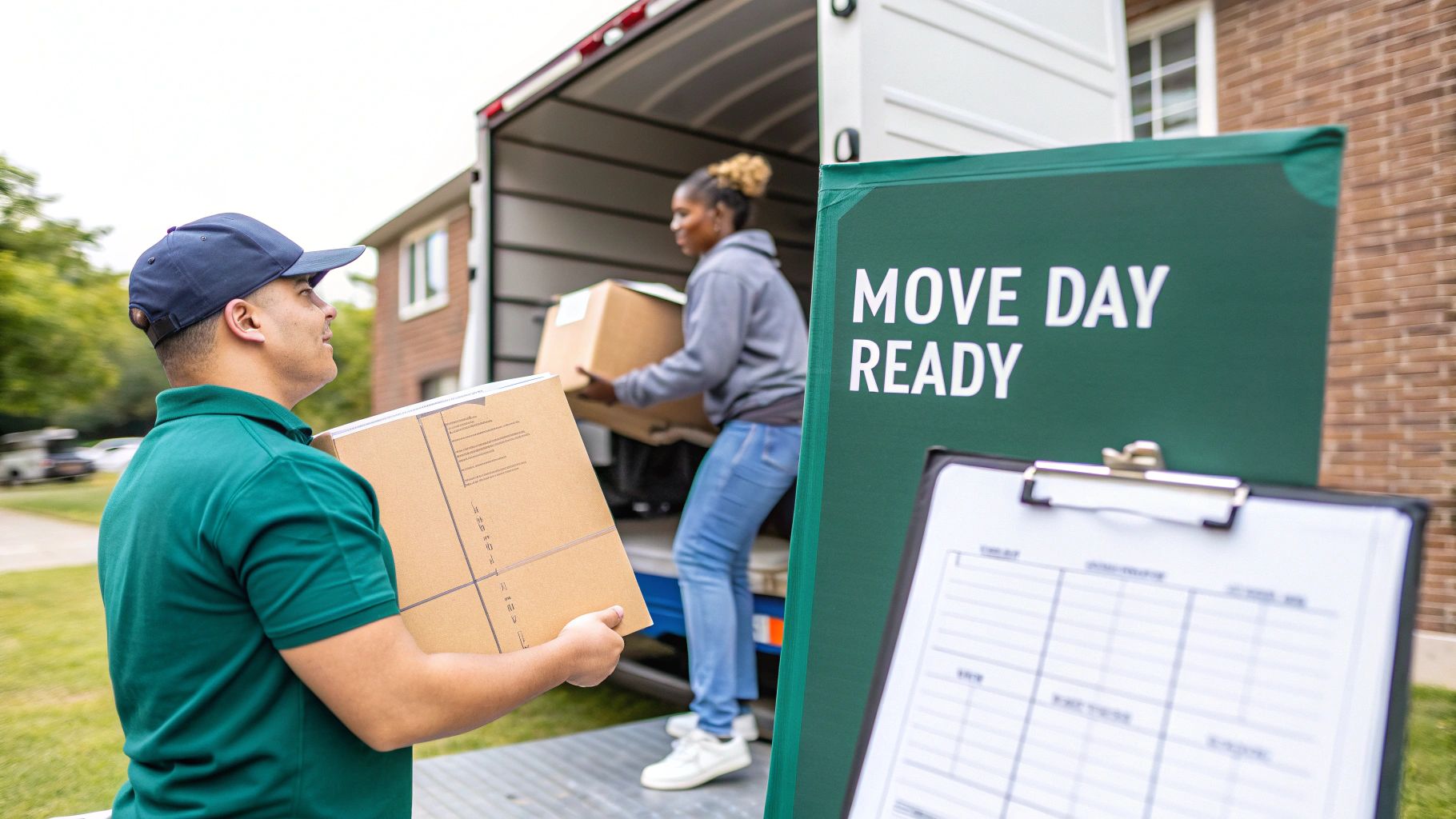 A moving crew unloads boxes from a truck, with a 'MOVE DAY READY' sign in front.