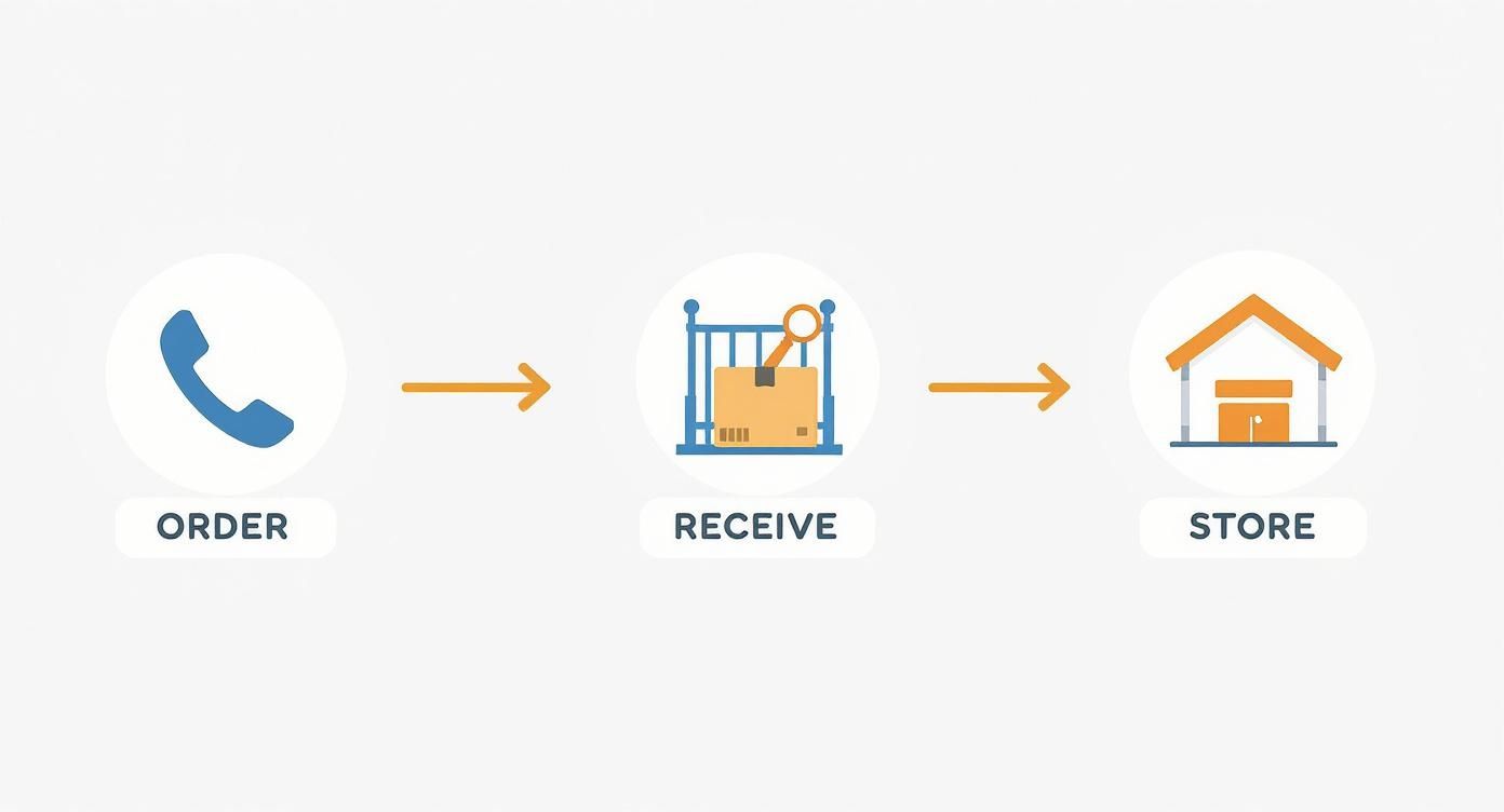 A process diagram showing steps: order with a phone icon, receive a package icon, and store it in a building icon.