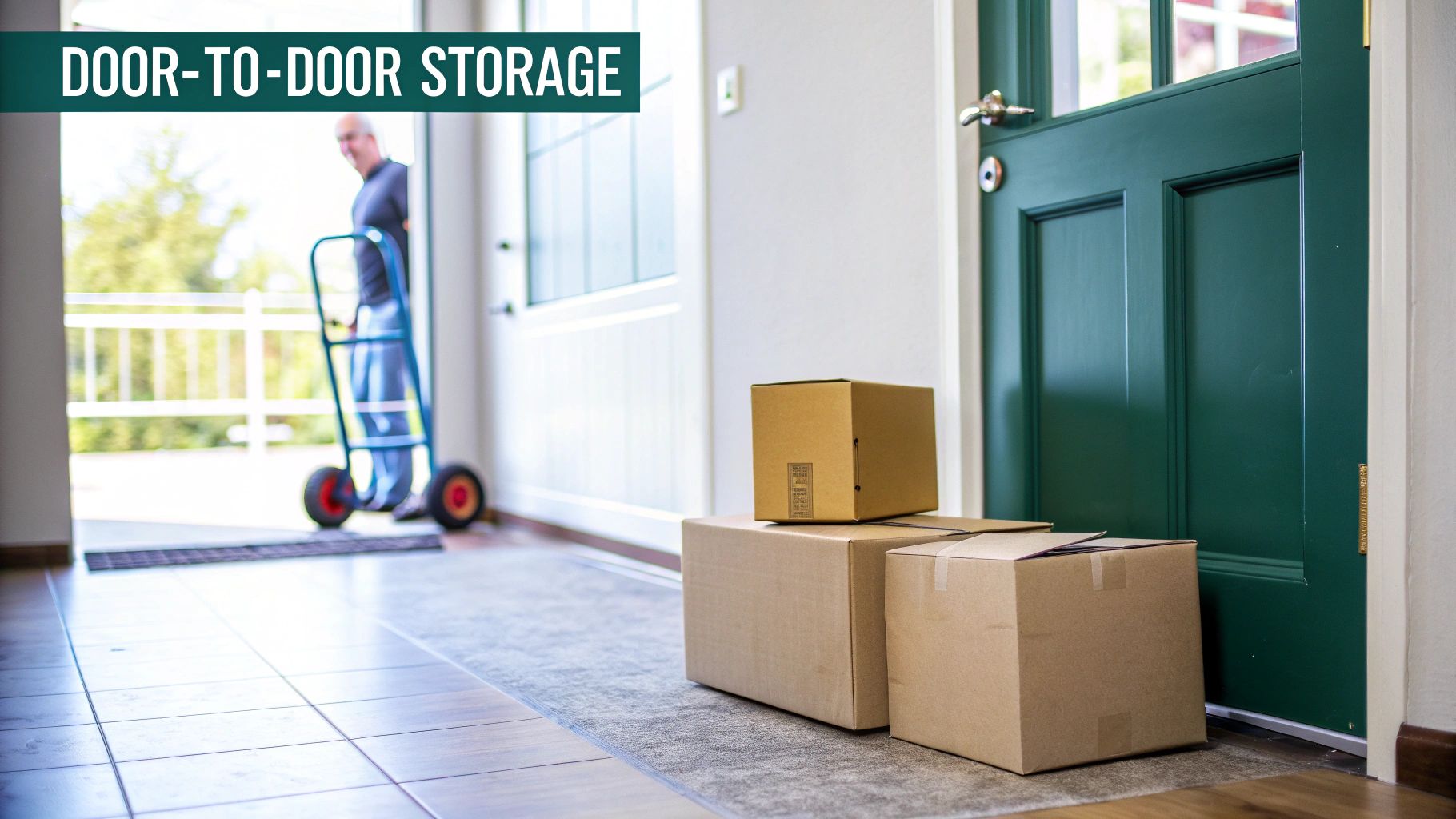A man with a hand truck outside a home, ready to move cardboard boxes for door-to-door storage.