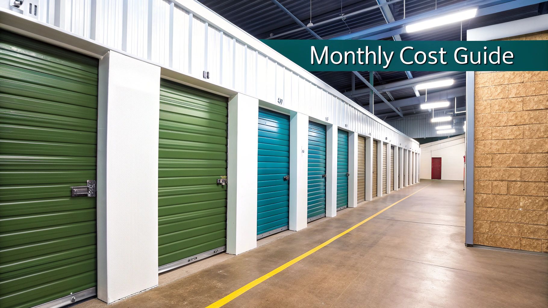 An indoor self-storage facility with rows of units, featuring green, teal, and tan roll-up doors.