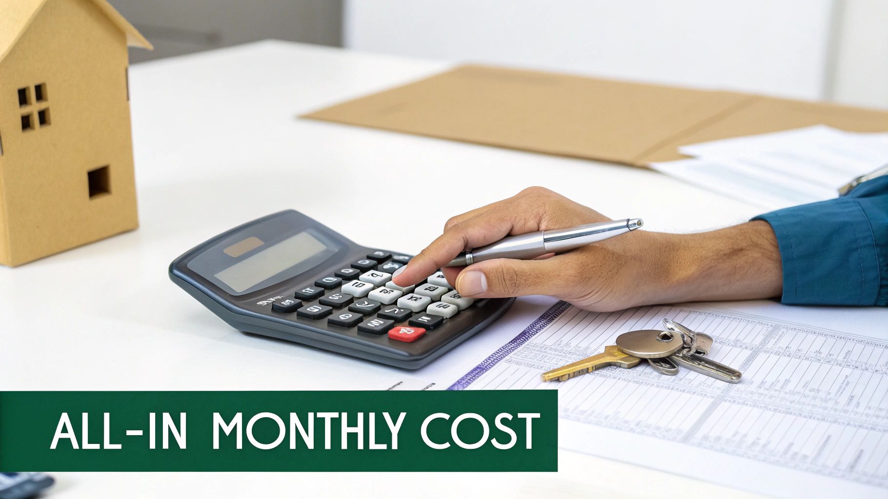 A person calculates housing expenses on a calculator next to a small house model and keys.