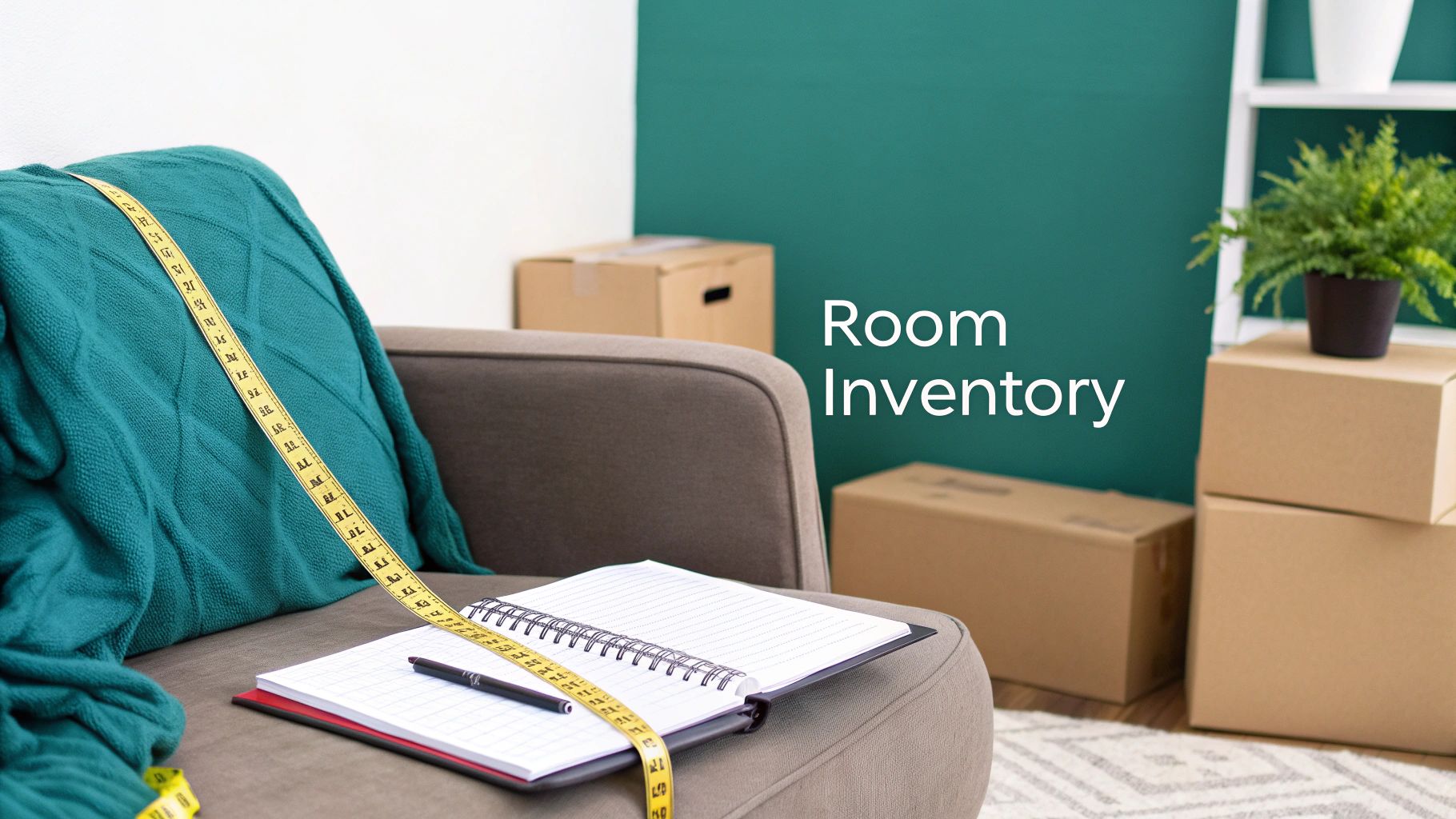 A room inventory being prepared with moving boxes, a sofa, a notebook, and a measuring tape.