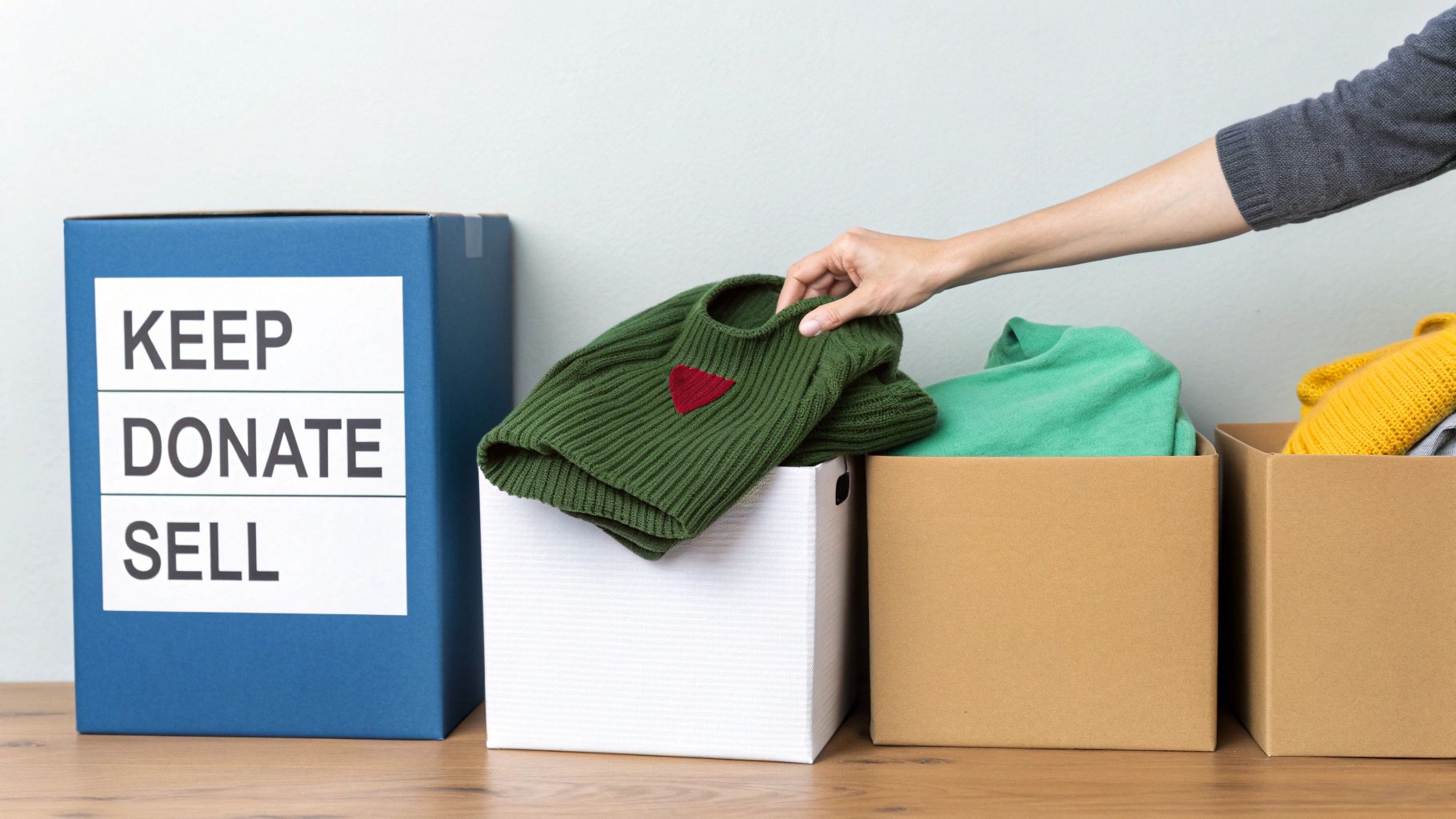 A hand places a green sweater into a white box, next to labeled boxes for organizing clothes.