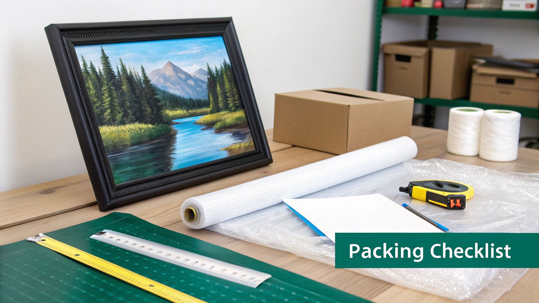 A framed landscape painting and various packing supplies like bubble wrap, boxes, and tools on a wooden table.