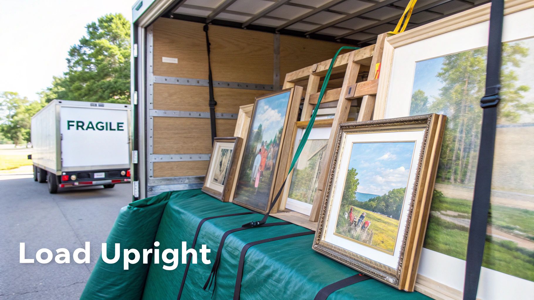 Framed paintings carefully loaded upright and secured inside a moving truck for transport.